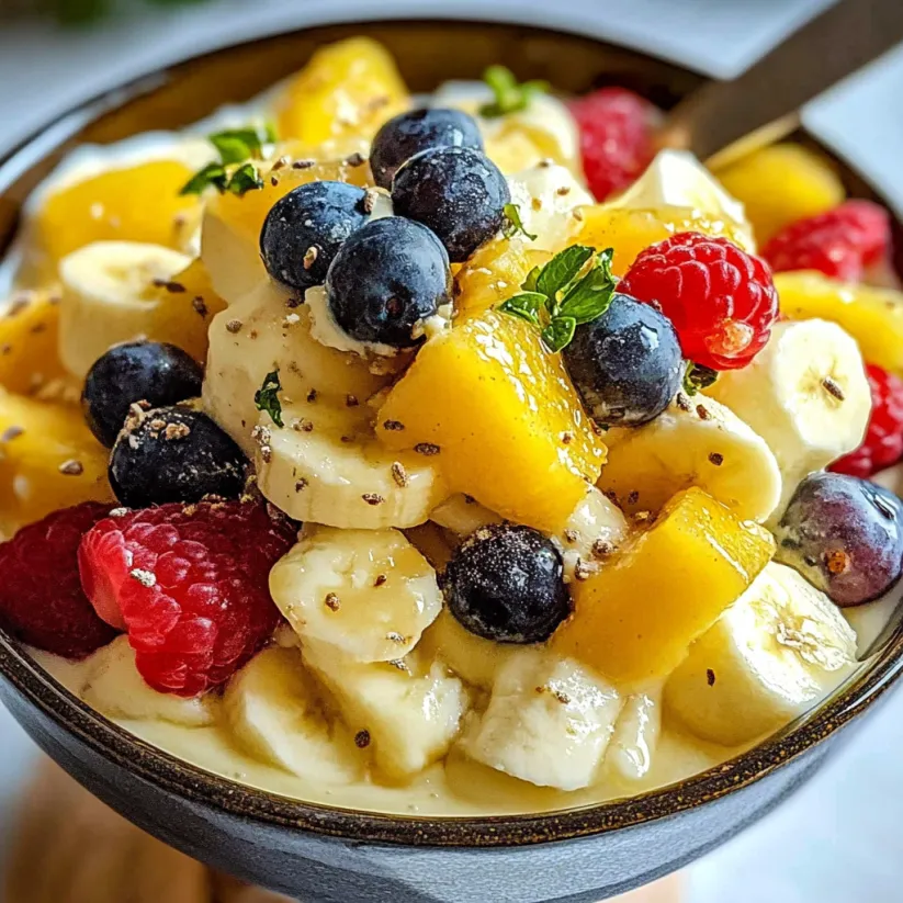 A bowl of fruit salad with bananas, blueberries, and raspberries.