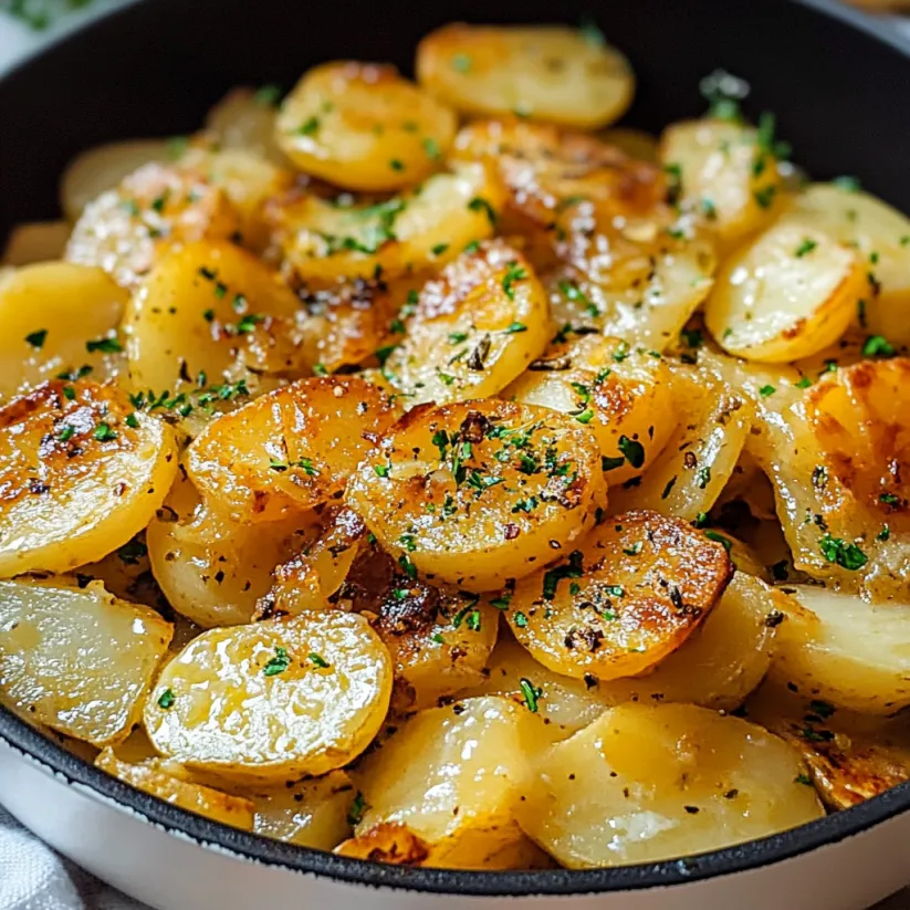 A bowl of cooked potatoes with herbs.