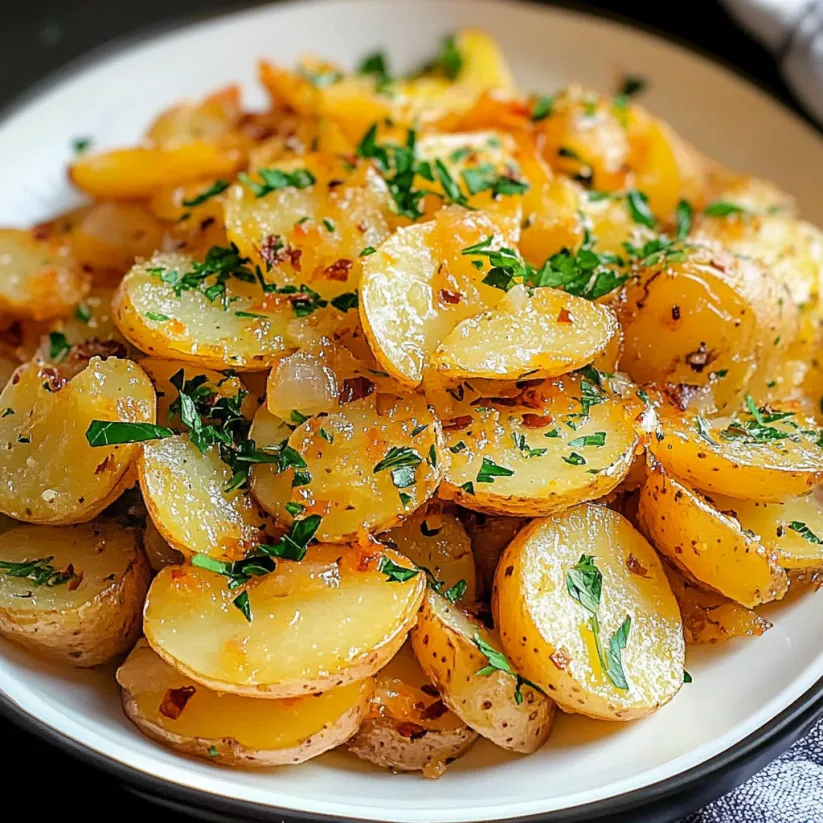 A plate of cooked potatoes with herbs and spices.