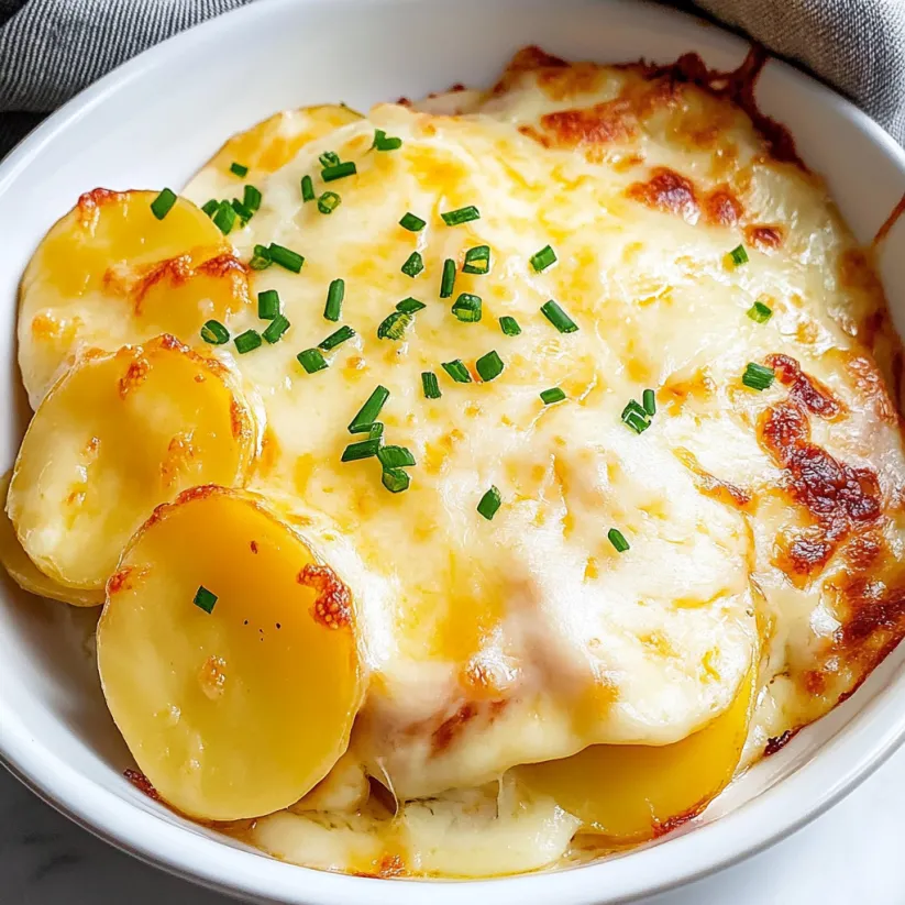 A bowl of potatoes au gratin.