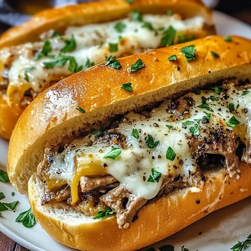 Two sandwiches with cheese and herbs on a plate.