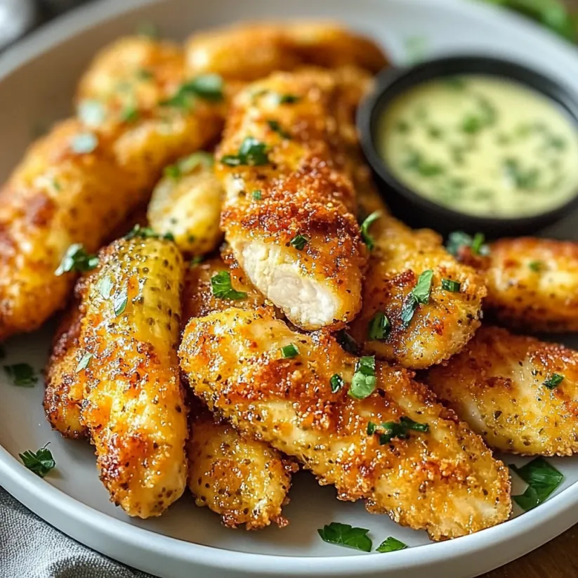 A plate of chicken tenders with a side of pickle juice.