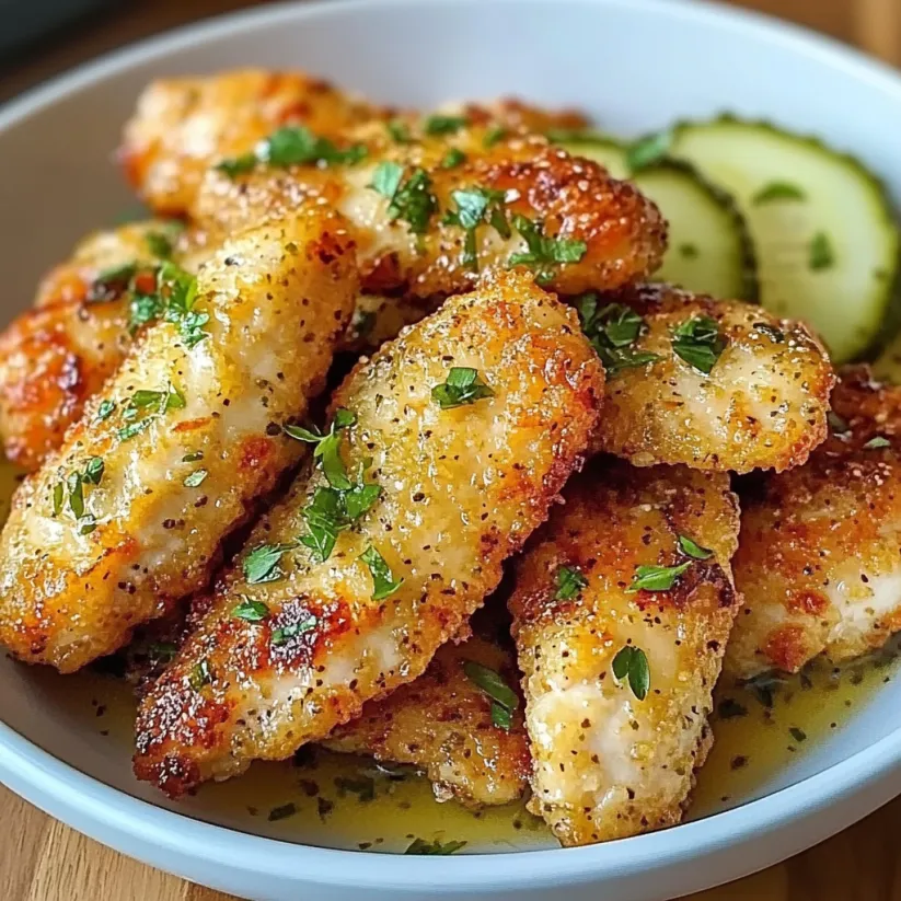 A bowl of chicken tenders with pickle juice.