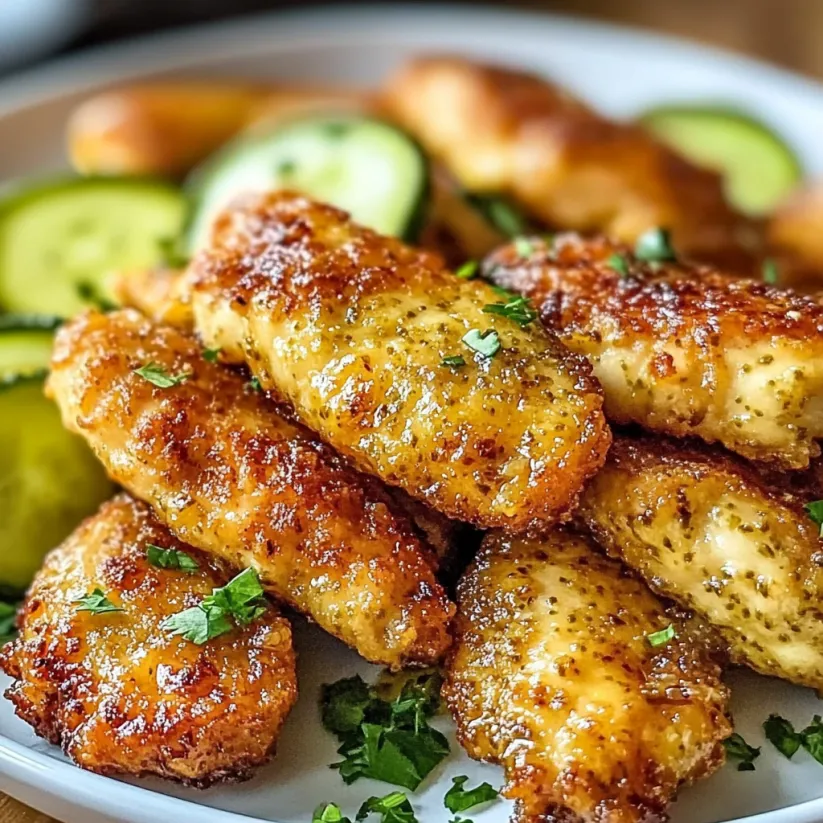 A plate of chicken tenders with pickle juice.