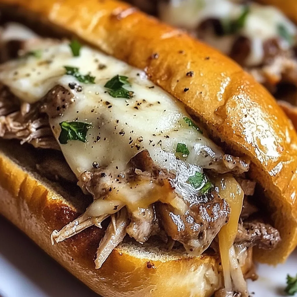 A sandwich with meat and cheese on a bun.