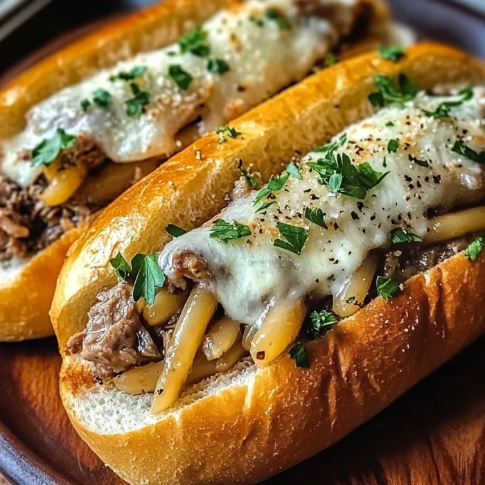 Two sandwiches with meat and cheese.
