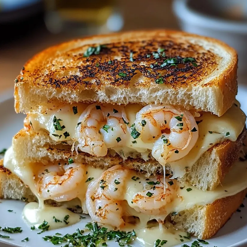 A grilled cheese sandwich with shrimp and garlic.