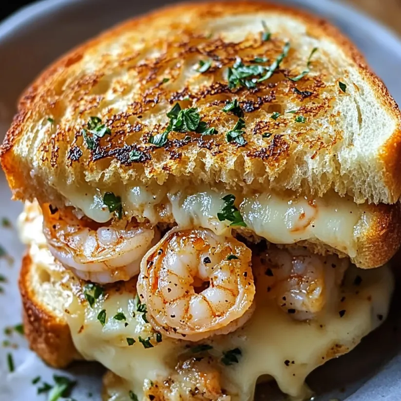 A cheesy garlic bread sandwich with shrimp.
