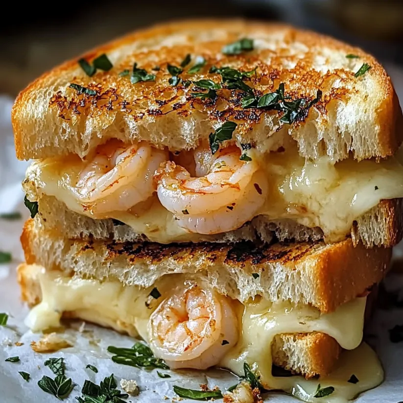 A grilled cheese sandwich with shrimp and garlic.