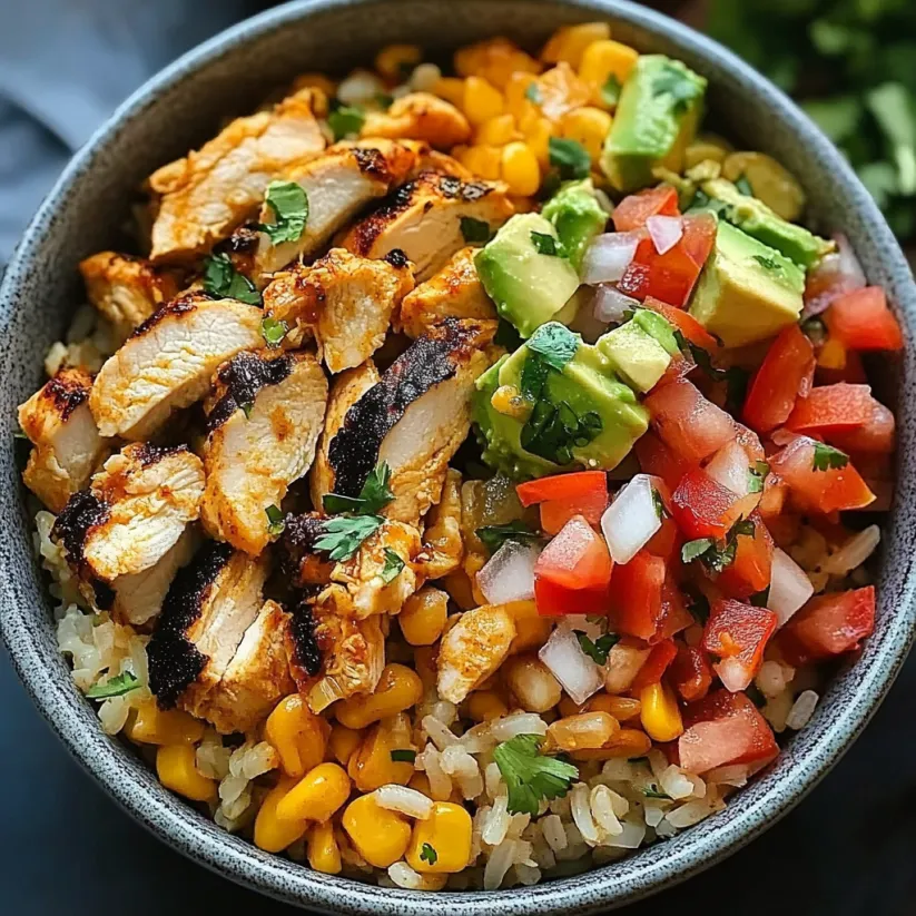 A bowl of food with chicken, rice, and avocado.