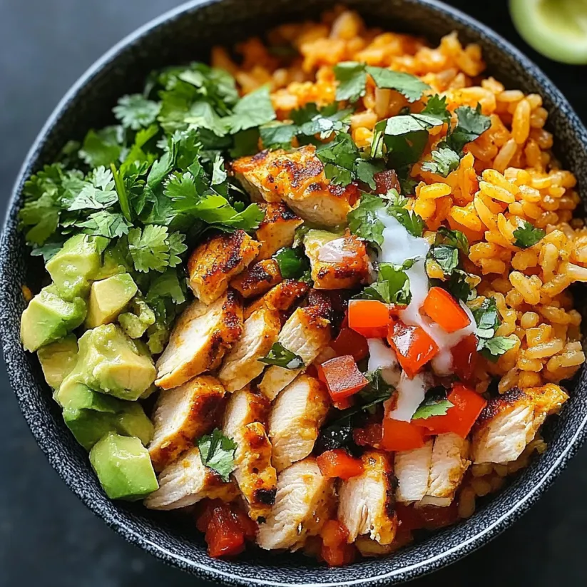 A bowl of food with chicken, rice, and vegetables.