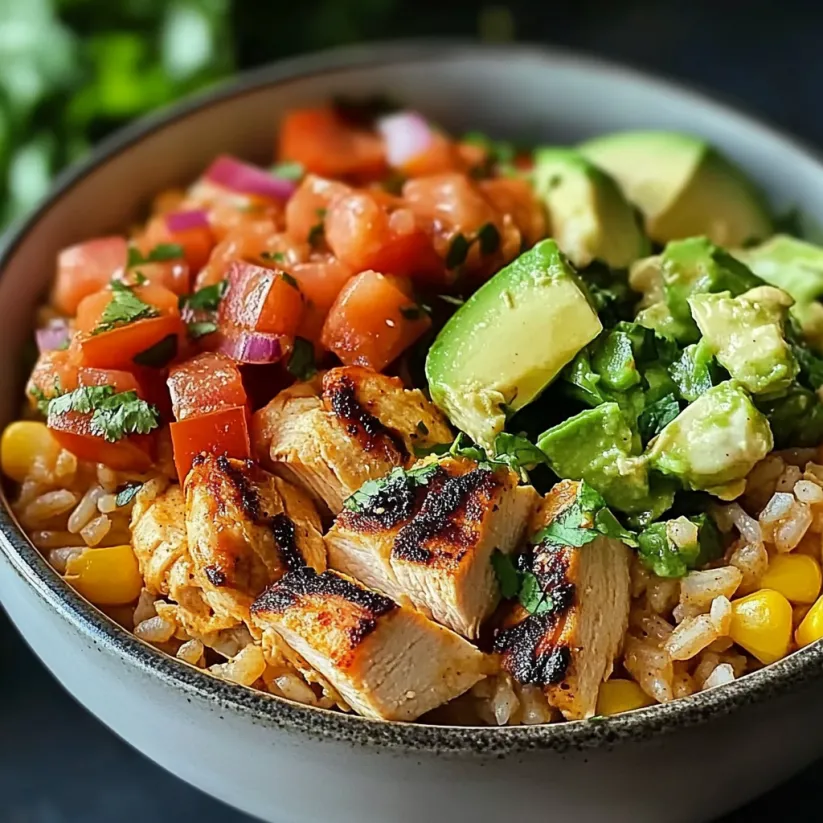 A bowl of food with rice, chicken, avocado, and tomato.