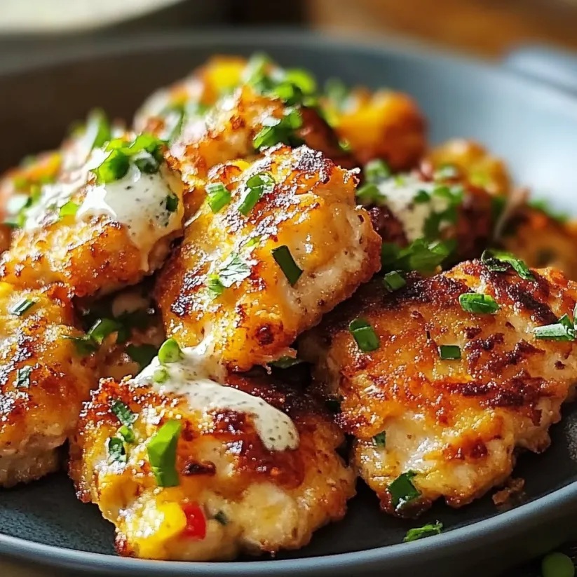 A bowl of chicken fritters with ranch dressing.