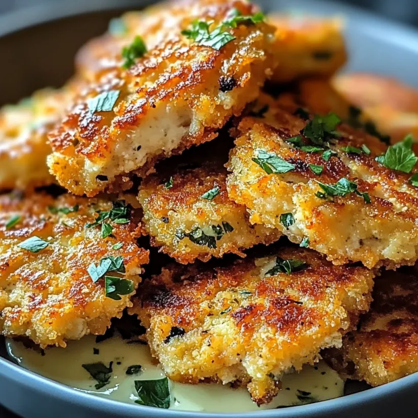 A bowl of crispy chicken fritters with ranch dressing.
