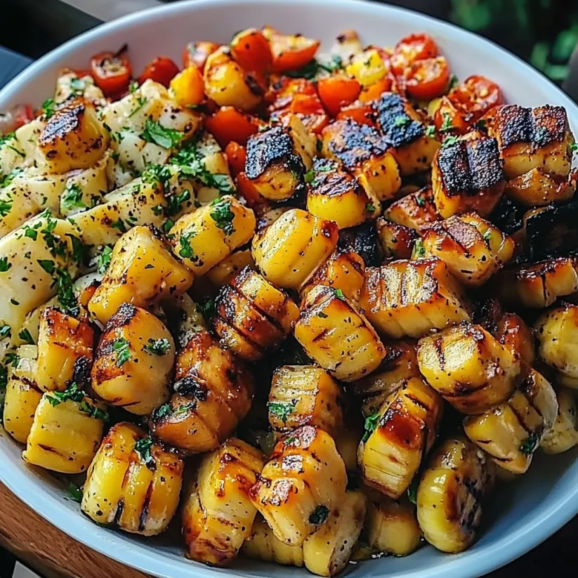 A bowl of food with corn on the cob, tomatoes, and potatoes.