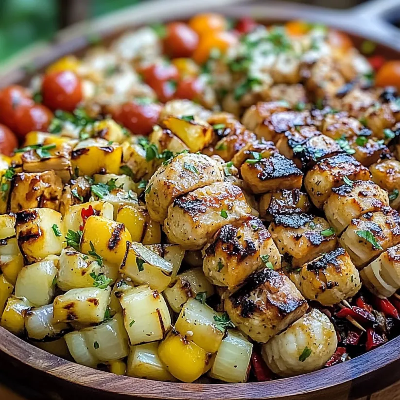 A variety of grilled foods, including corn, tomatoes, and chicken, are arranged in a wooden bowl.