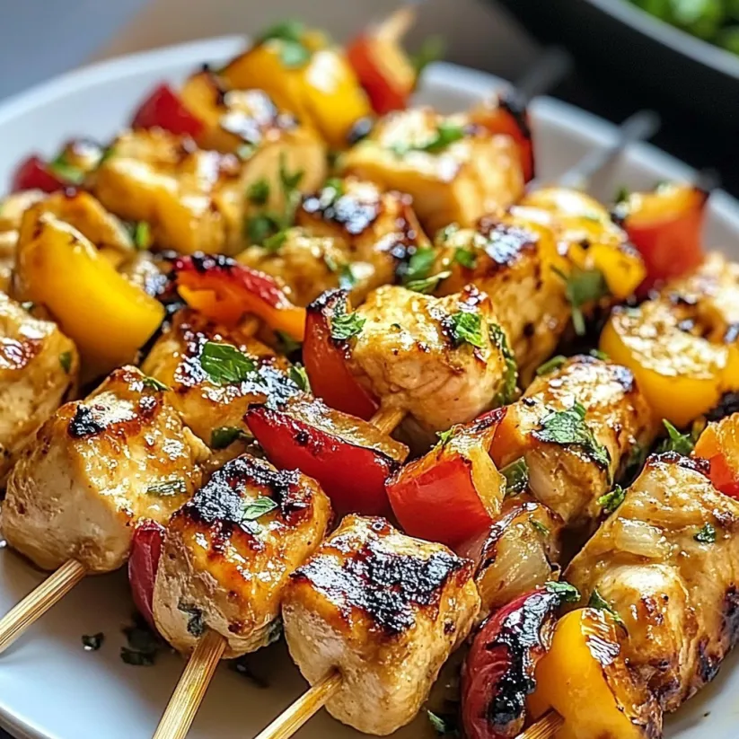 A plate of chicken kabobs with peppers and onions.
