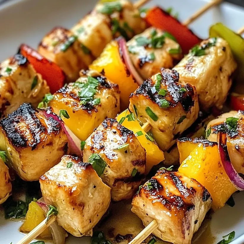 A plate of chicken kabobs with peppers and onions.