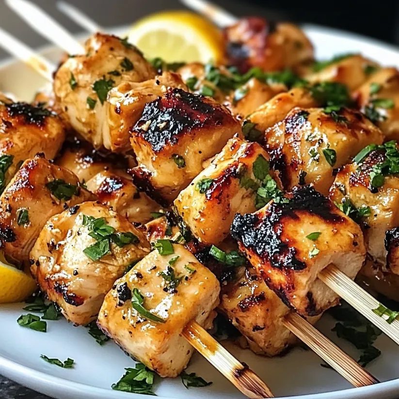 A plate of chicken kabobs with lemon wedges on the side.
