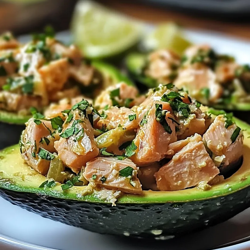 A stuffed avocado with tuna salad.