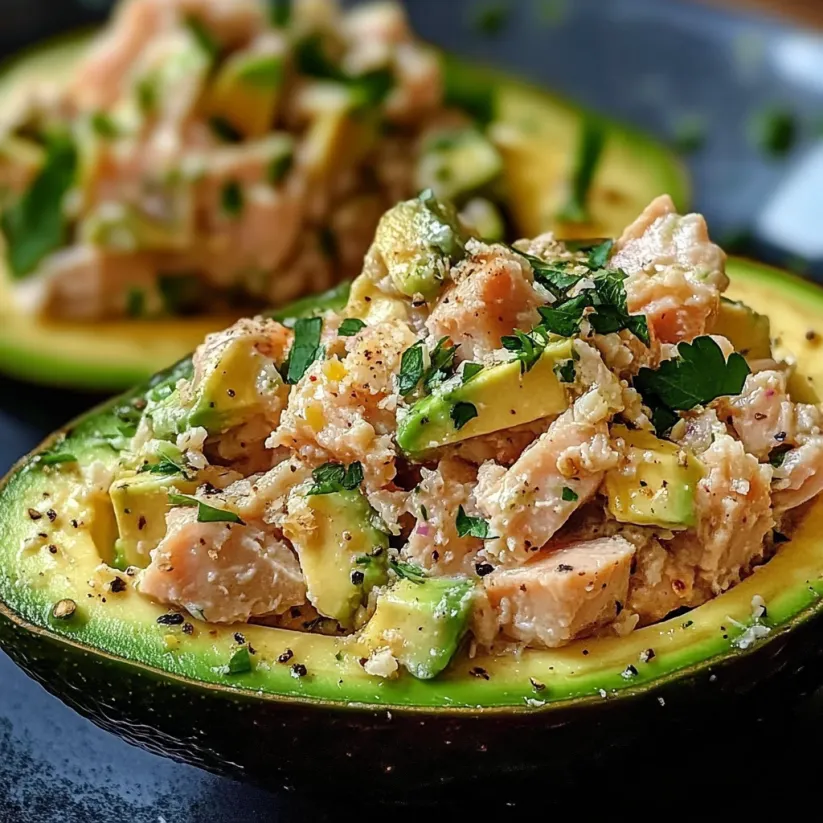 A close up of a stuffed avocado with tuna salad.