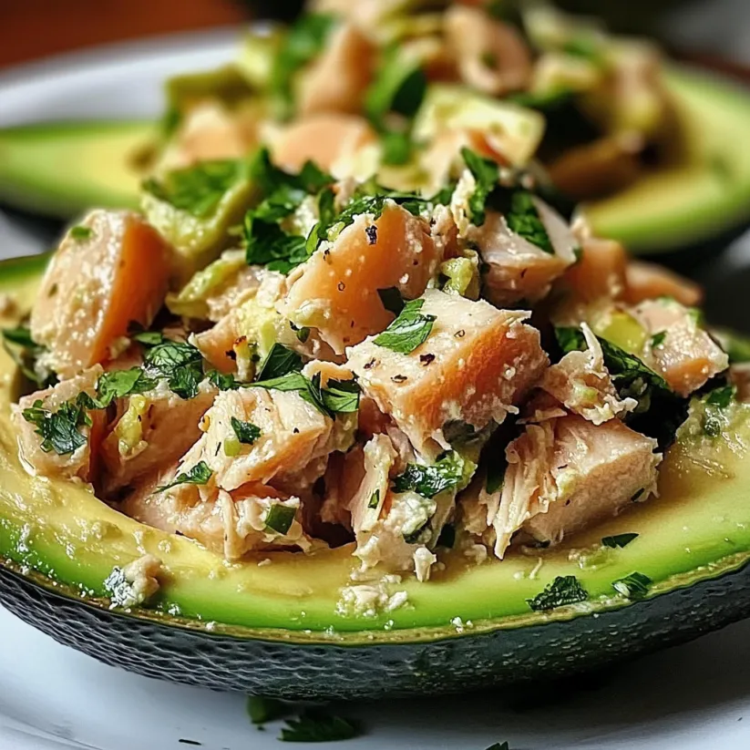 A stuffed avocado with tuna salad.