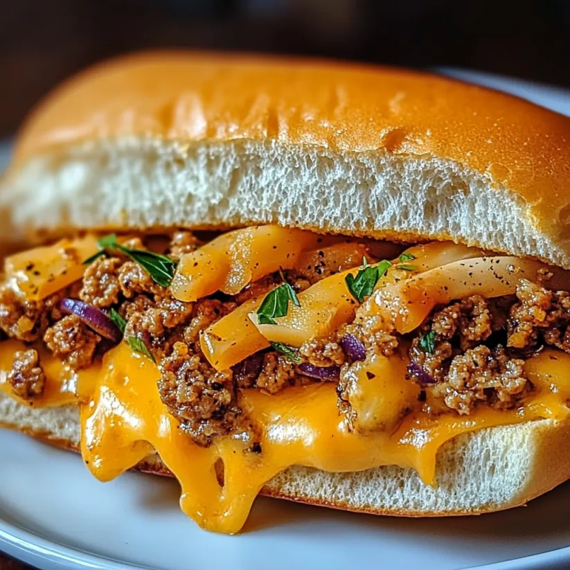 A close up of a chopped cheese sandwich.
