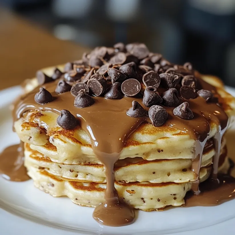 A stack of pancakes with chocolate chips and syrup.