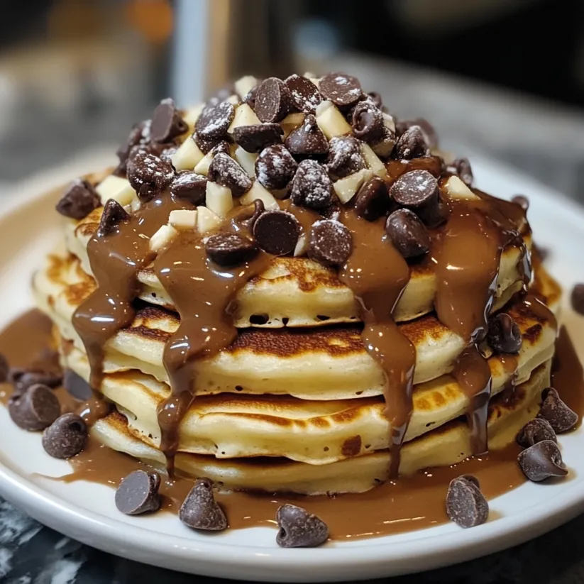 A stack of pancakes with chocolate chips and syrup.