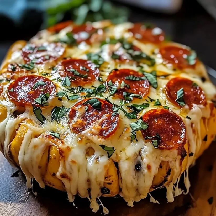 A pizza with pepperoni and cheese on a wooden table.