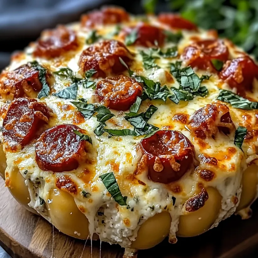 A pizza with pepperoni and cheese on top.