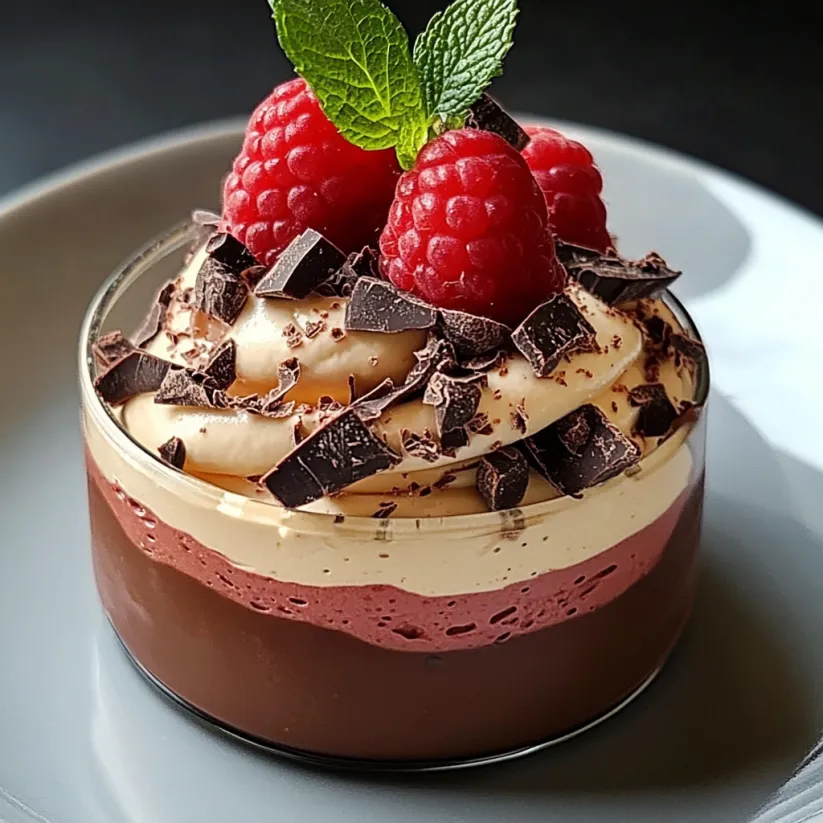 A chocolate dessert with raspberries on top.