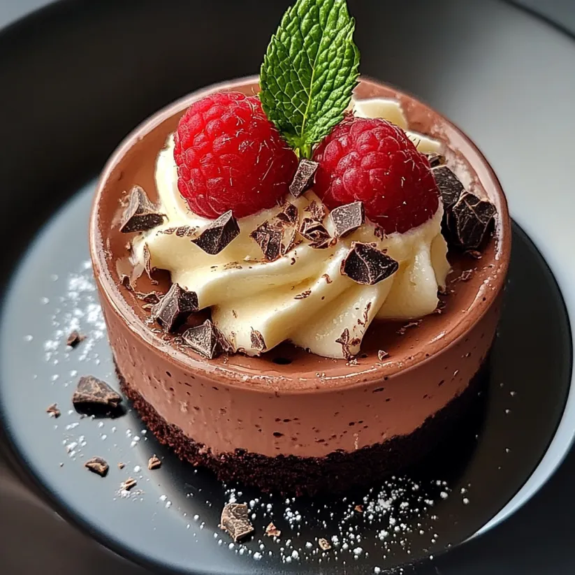 A chocolate dessert with raspberries on top.