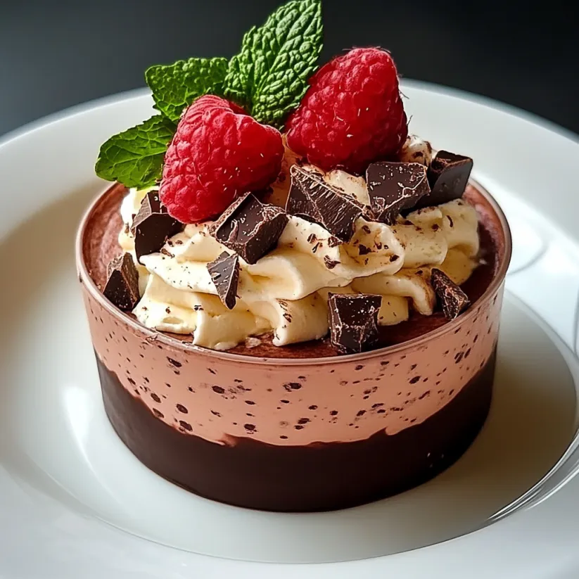 A chocolate dessert with raspberries on top.