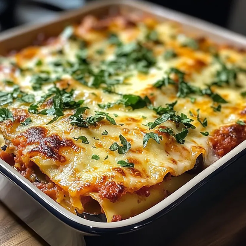A pan of lasagna with cheese and herbs.