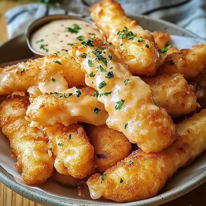 A plate of fried food with a dipping sauce.