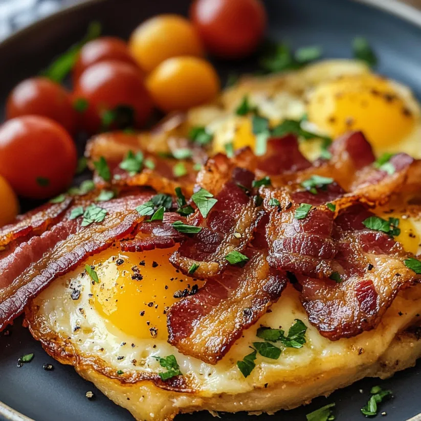 A plate of food with eggs, tomatoes, and bacon.
