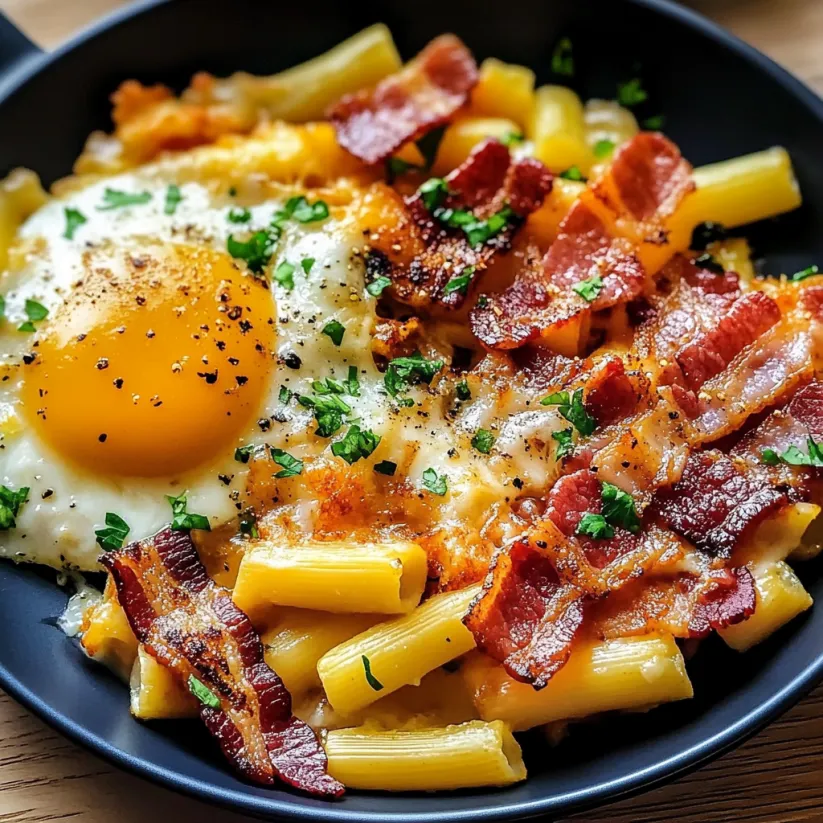 A bowl of food with bacon and pasta.