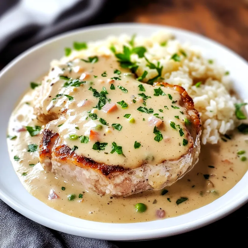 A plate of pork chops covered in a creamy sauce.