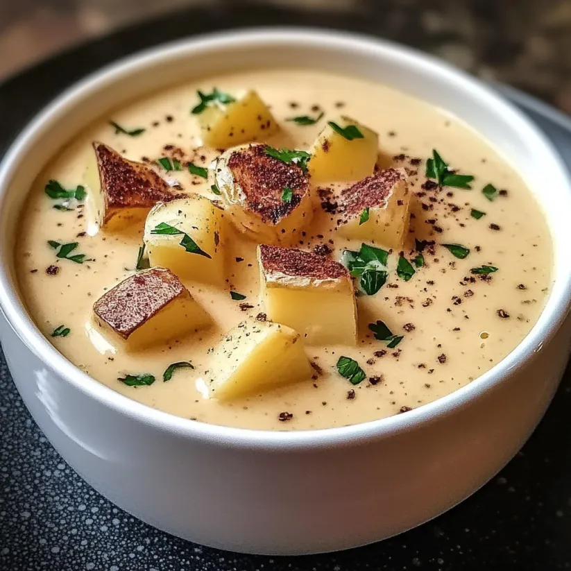 A bowl of soup with potatoes and herbs.
