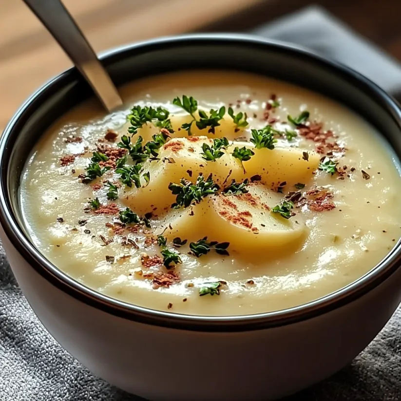 A bowl of soup with a spoon in it.