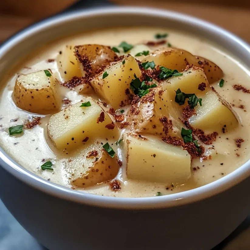 A bowl of soup with potatoes and herbs.