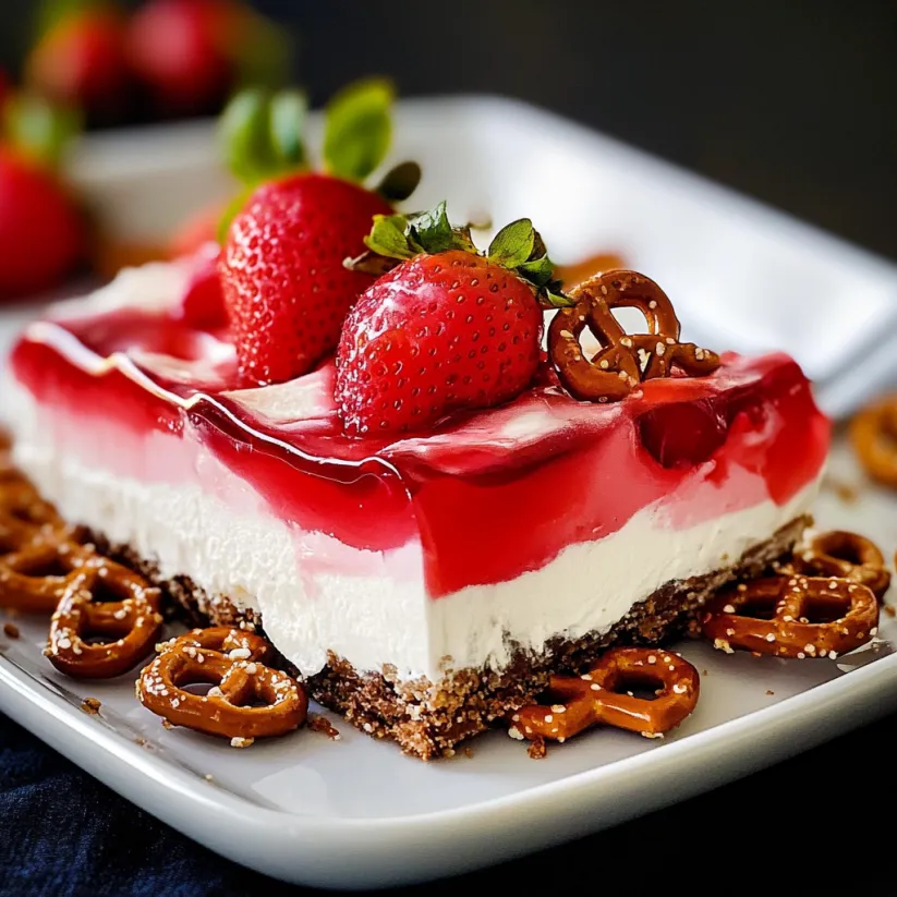 A slice of strawberry jello pretzel salad.