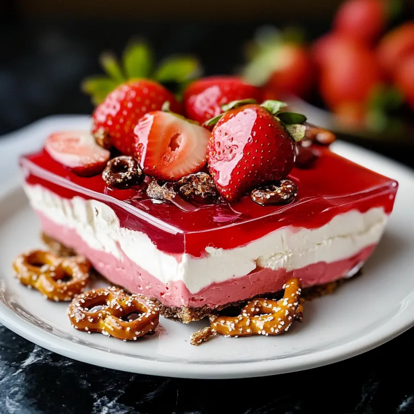 A slice of strawberry jello pretzel salad.