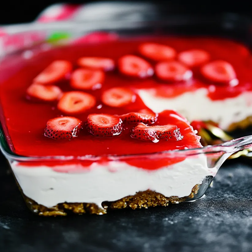 A slice of strawberry jello pretzel salad.
