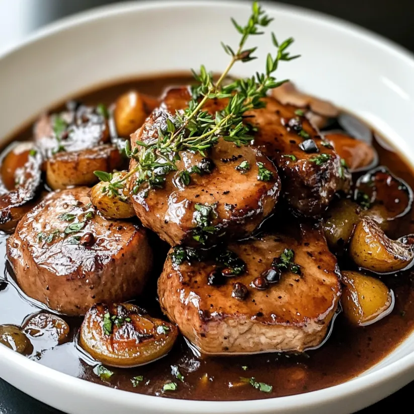 A bowl of pork Marsala.