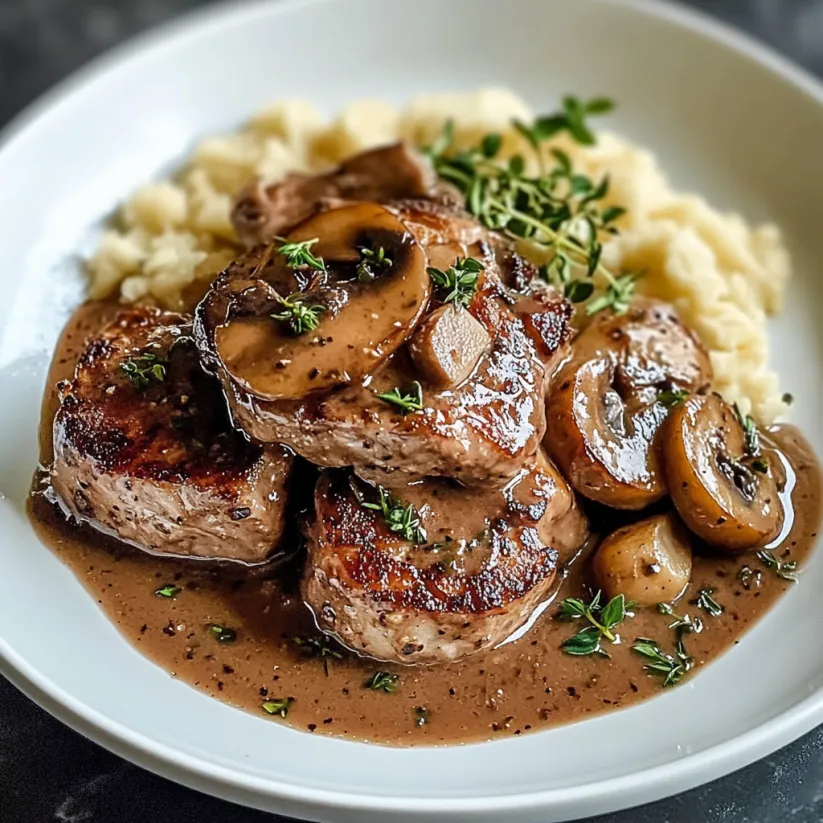 A plate of pork Marsala with mushrooms and potatoes.