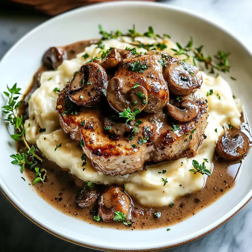 A plate of pork marsala with mushrooms and potatoes.