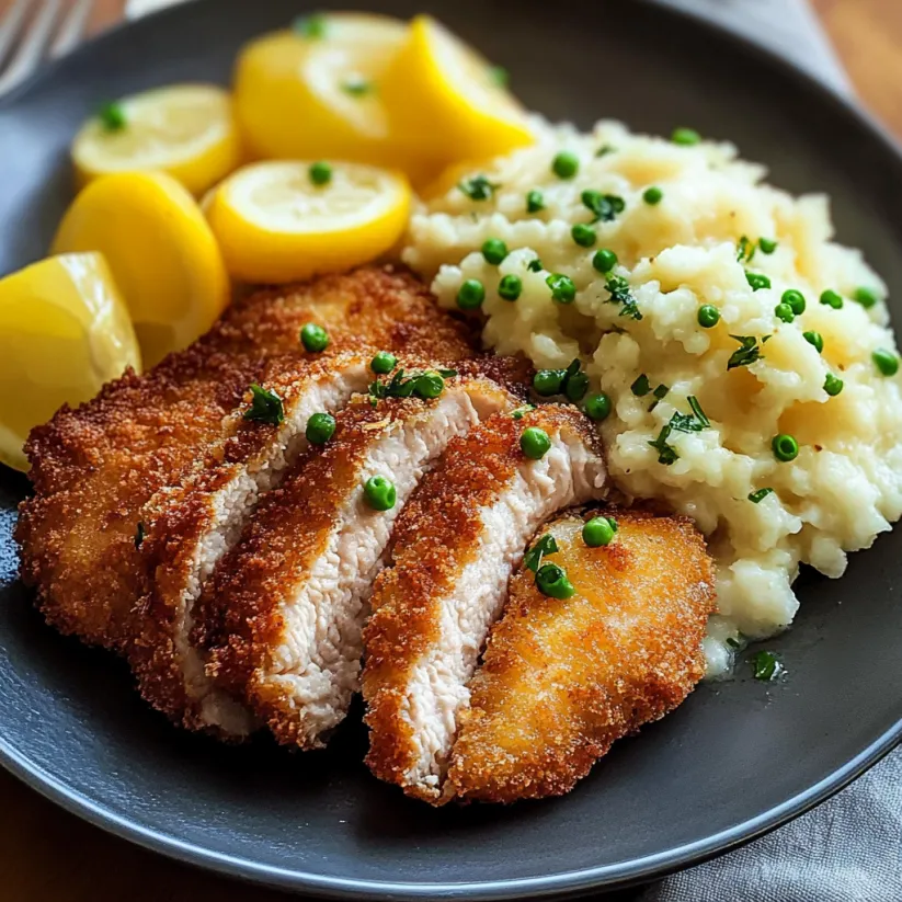 A plate of food with pork schnitzel and potatoes.