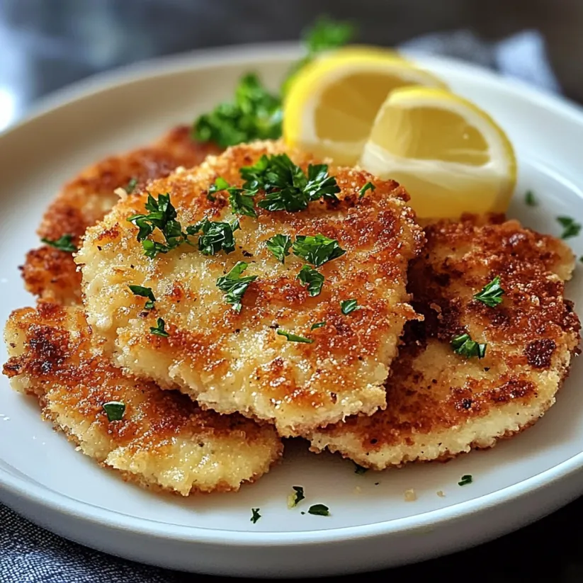 A plate of pork schnitzel with a lemon wedge on the side.